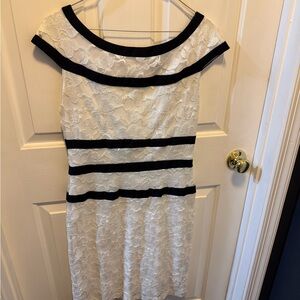 White Lace Midi Dress with Black Trim